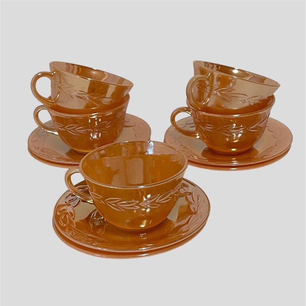 Vintage Fire King Peach Lustre Laurel Leaf Iridescent Cups and Saucers Set of 5